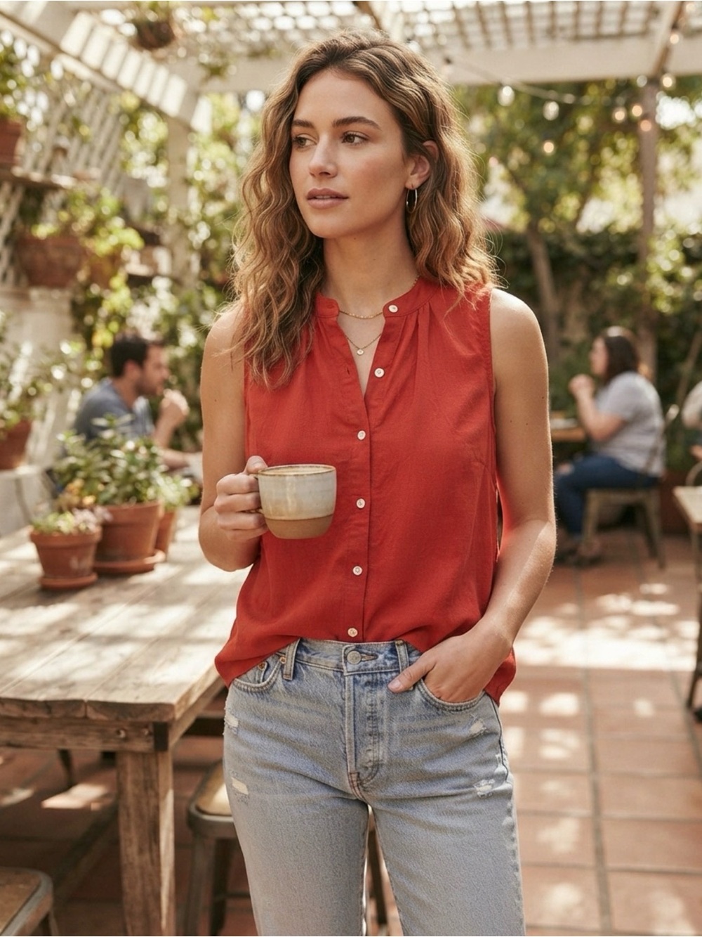BANANA REPUBLIC | Rust-Red Orange Sleeveless Button-Front Blouse